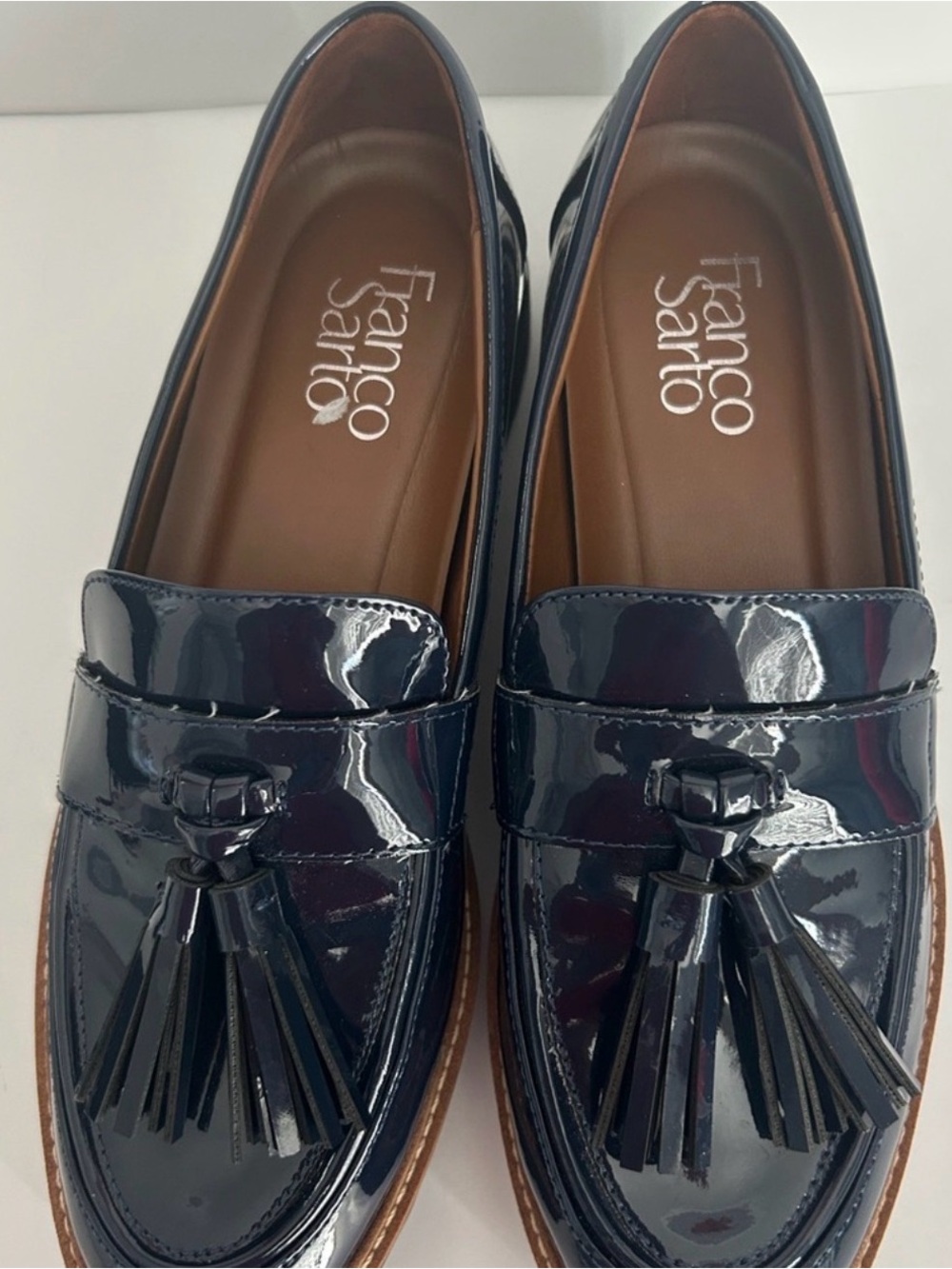 Franco Sarto Patent Tassel Loafers in Navy